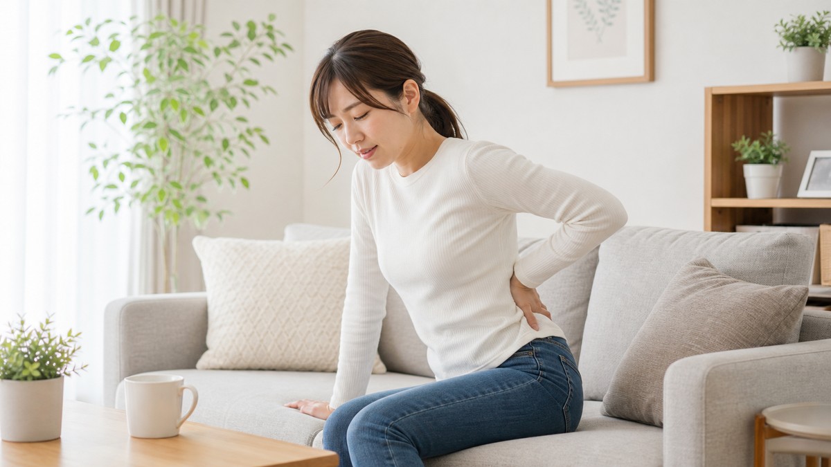 産後の尿もれと骨盤や腰まわりの関係を確認するイメージ