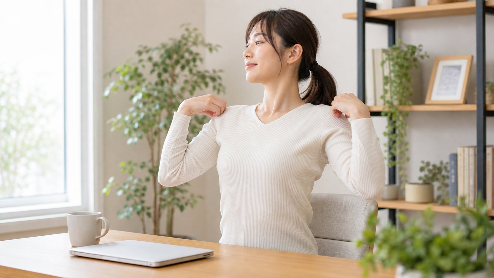 首肩や胸まわりをやさしくほぐすセルフケアイメージ