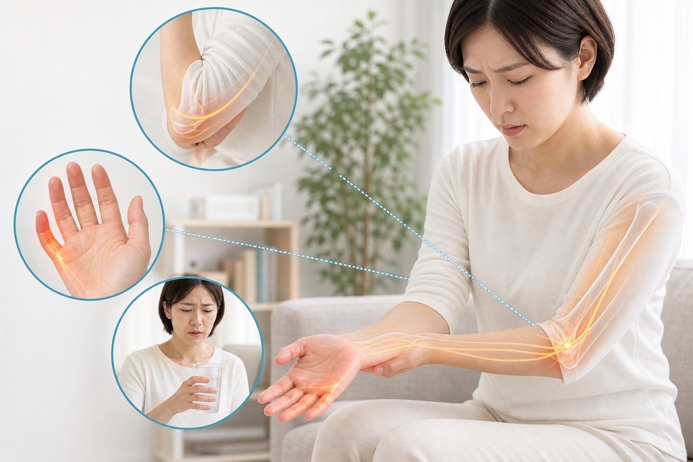 手の色の変化や強いしびれでは医療機関へ相談するイメージ