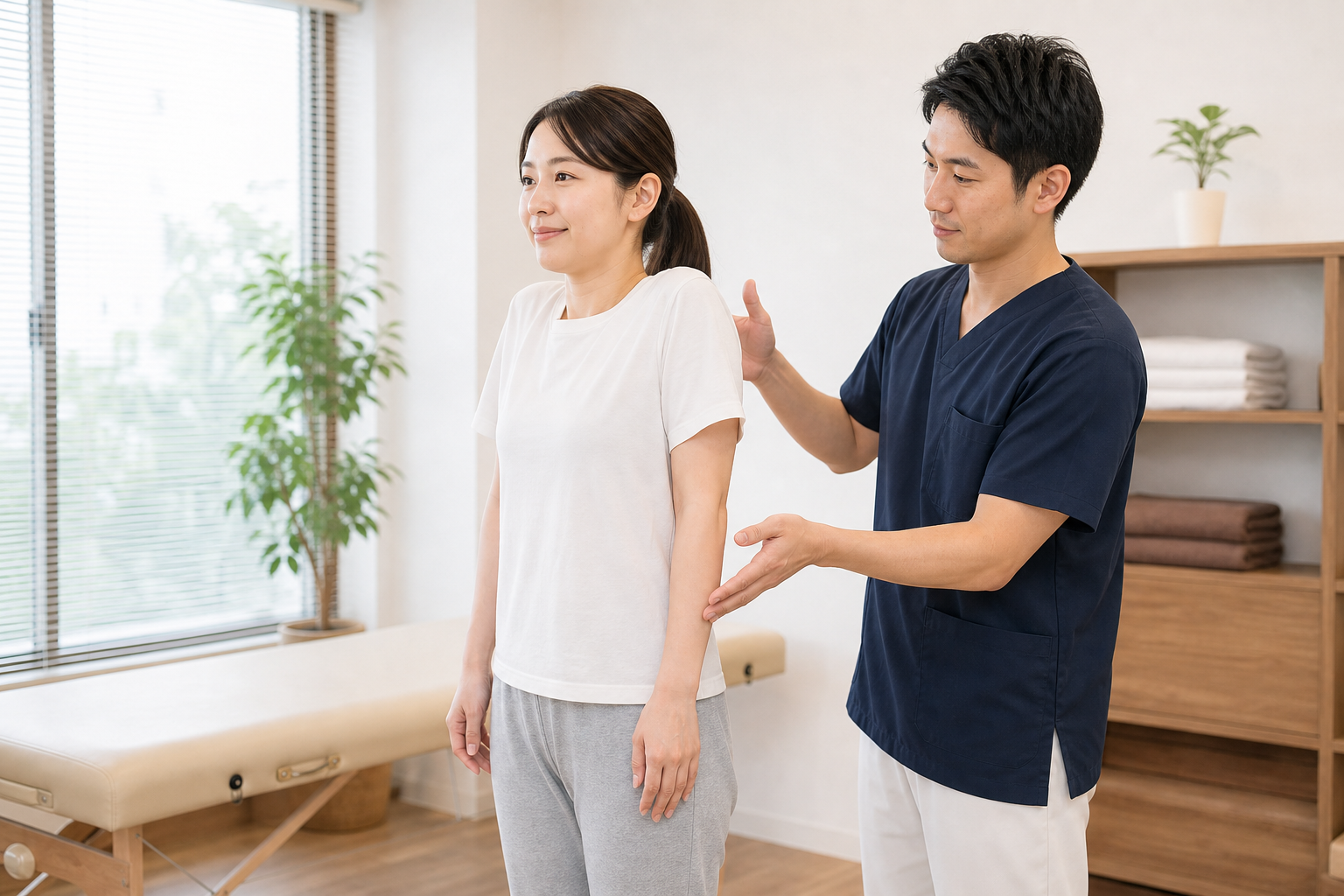 肩甲骨をやさしく寄せたり回したりするセルフケアイメージ