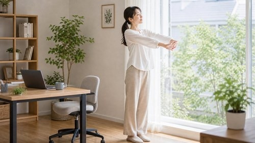 深い呼吸を意識して背中の張りを整えるイメージ