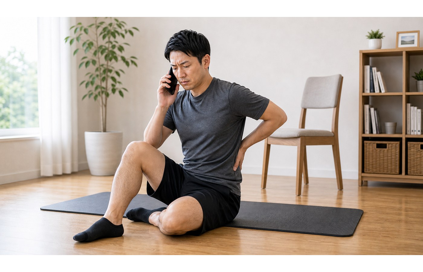 ヘルニアで無理な前かがみや長時間の座位を避けるイメージ