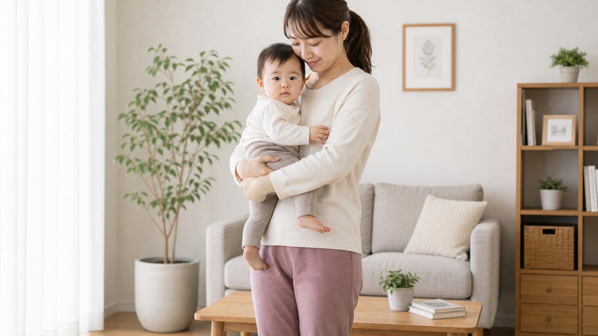 骨盤や体をやさしく支えながら抱っこ姿勢を見直すイメージ
