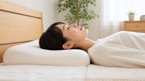 横向き寝や枕の高さを見直して巻き肩の負担を減らすイメージ