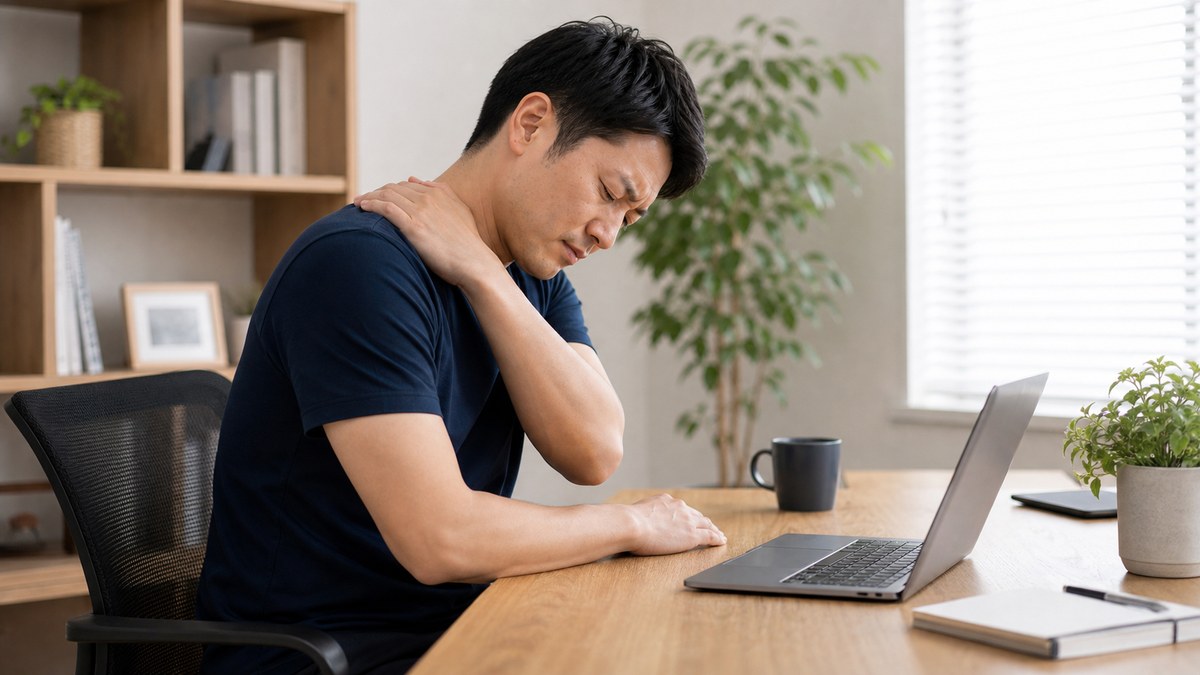 姿勢の崩れが首肩や腰の負担につながるイメージ