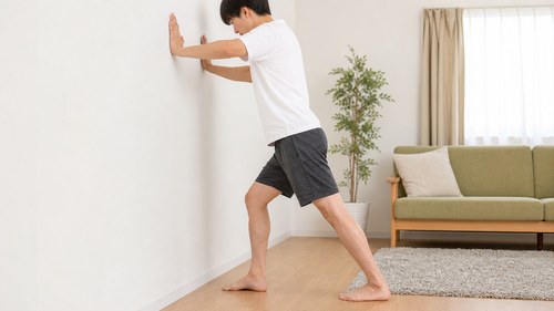 ふくらはぎを壁でゆっくり伸ばす男性