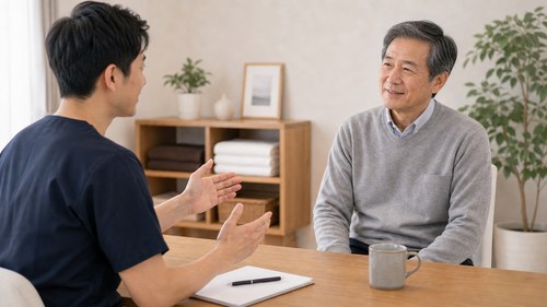 やさしい整体について相談する男性