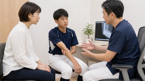 野球肘の早期受診について親子で相談する様子