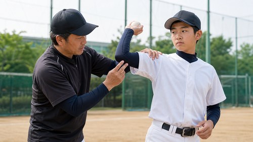 正しい投球フォームを確認するコーチと選手