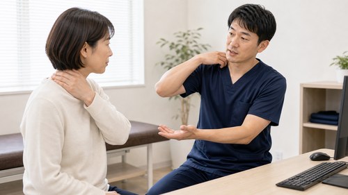 首が原因のしびれなど似た症状との違いを相談する様子