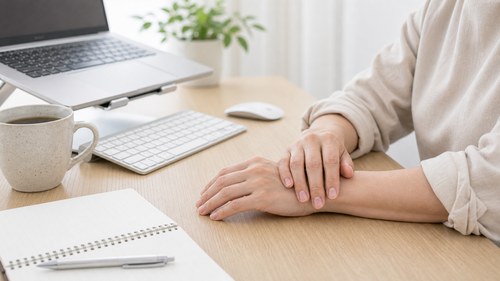 手の使いすぎを避けて休憩する様子