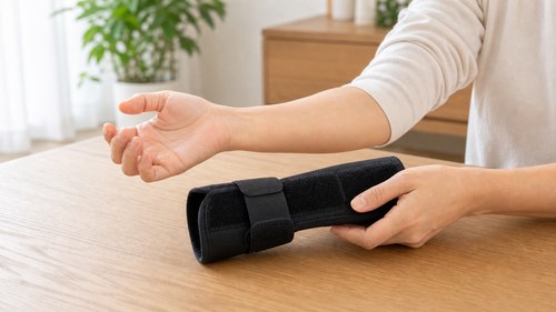医師の指示で手首の装具を使う様子
