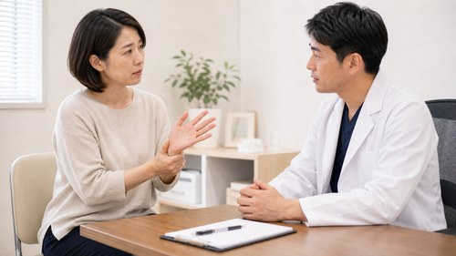 気になる手の症状を早めに医師へ相談する様子
