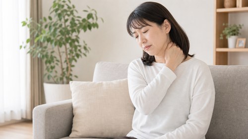 流山で頚椎椎間板ヘルニアに悩み首を支える女性