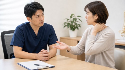 脊髄症の危険なサインについて医師に相談する様子