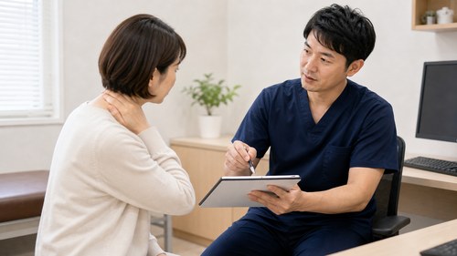 整形外科で頚椎椎間板ヘルニアの診断とMRIについて相談する様子