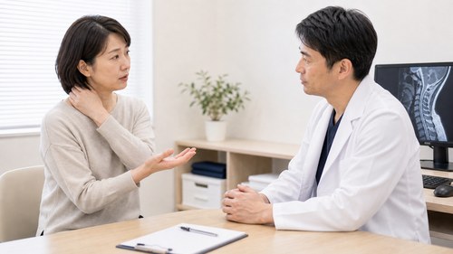 首や手の気になる症状を早めに医師へ相談する様子