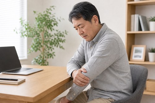 肘部管症候群の原因となる肘の圧迫を気にする様子
