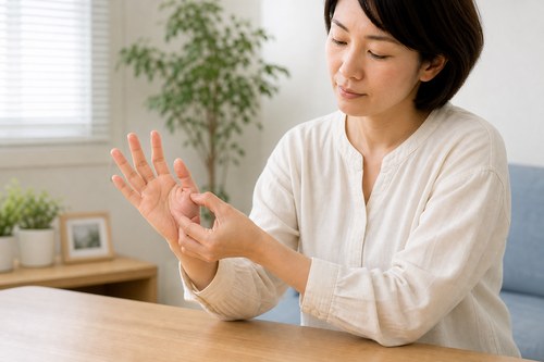 肘部管症候群と手根管症候群の違いを指で確認する様子