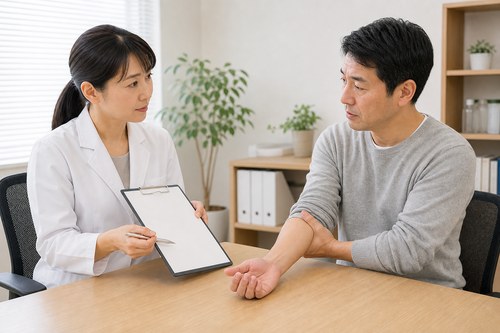 肘部管症候群の診断と治療の流れを相談する様子
