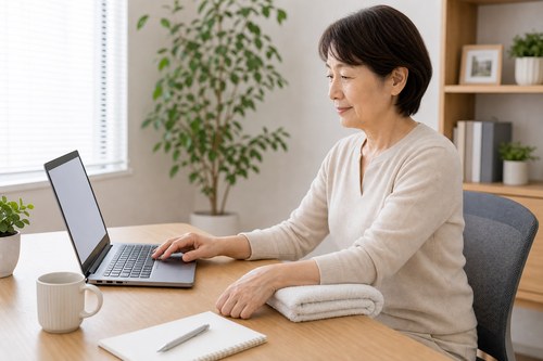 肘の内側をつかないようタオルで負担を減らす様子