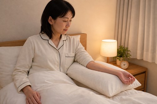 就寝時に肘を曲げすぎないよう腕を支える様子