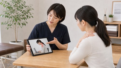 デスクワークで肩こりが起きるしくみを相談する様子