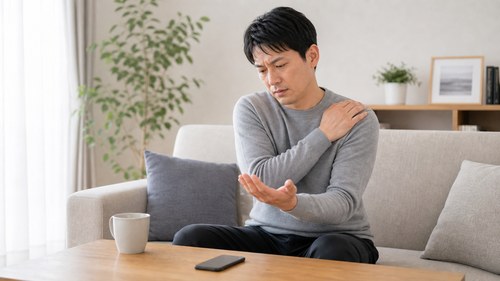肩こりと手の違和感を確認する男性