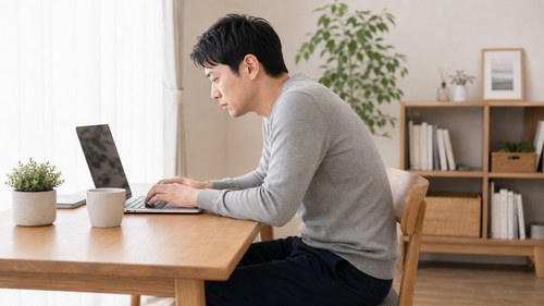 肩こりと猫背や巻き肩の関係を示す男性