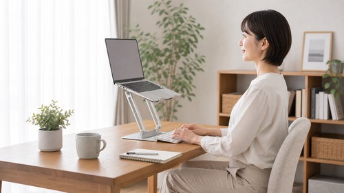 画面の高さと座り方を見直す女性
