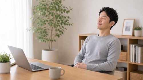 目を休める男性