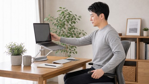 肩こりを防ぐデスクワーク環境を整える男性