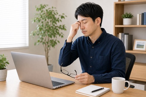 眼精疲労と疲れ目の違いを考えながら目を休める男性