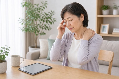 眼精疲労で目と肩の疲れを感じる女性