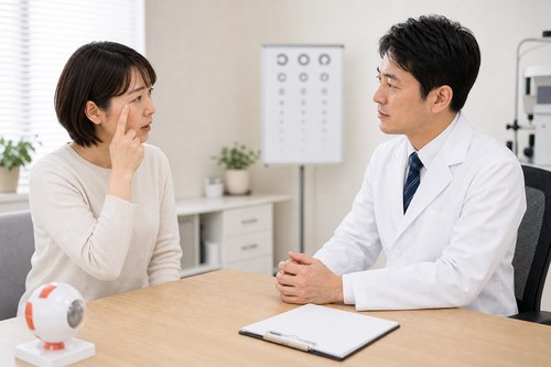 眼精疲労の受診すべきサインを眼科で相談する様子