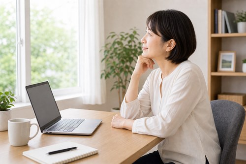 こまめに目を休めて窓の外を見る様子