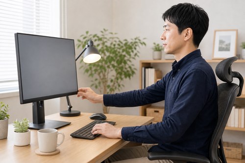 画面との距離と明るさを整える様子