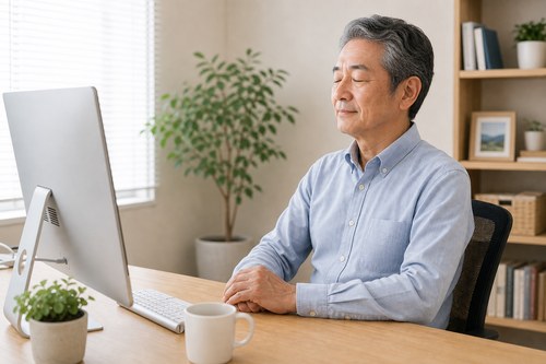 意識してまばたきをし目を休める男性