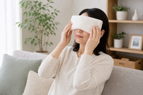 蒸しタオルで目のまわりを温める様子