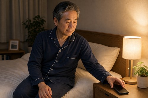 睡眠前に姿勢を整えスマホを置く様子