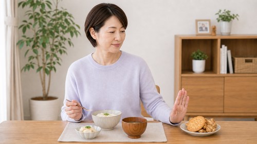 硬いものや大きな口での食事を控える女性