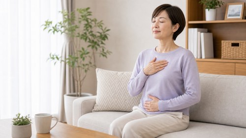 食いしばりと上手につき合うため呼吸を整える女性
