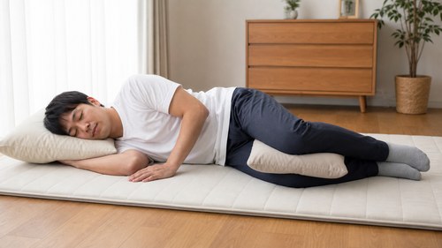 急性腰痛の急性期に安全な姿勢で休む男性