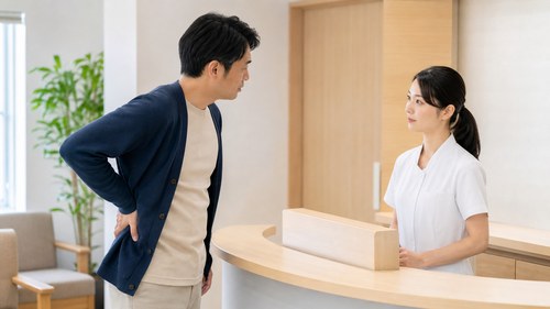 腰の痛みで受診先を相談する男性