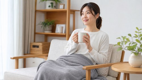 腰を冷やしすぎないよう暖かく過ごす女性