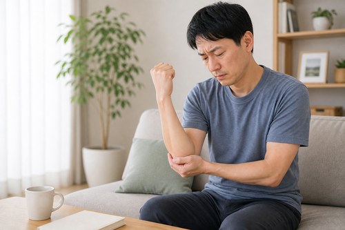 流山でゴルフ肘に悩み肘の内側を押さえる男性