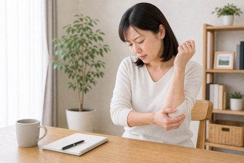ゴルフ肘の症状で肘と前腕を気にする女性
