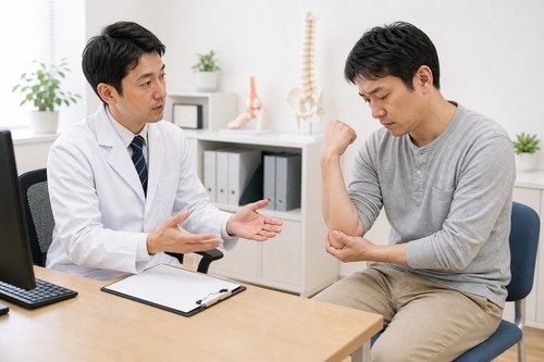 ゴルフ肘の受診すべきサインを整形外科で相談する様子