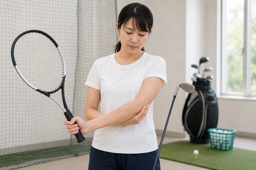 ゴルフ肘とテニス肘や野球肘の違いを考える様子