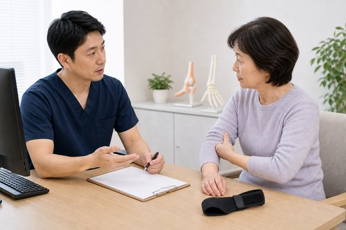 ゴルフ肘の診断と治療の流れを相談する様子